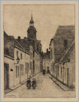 KG 09744
<br/>
Straatje met kerktoren
<br/>
<em>Grootens, Adrianus Johannes (1864-1957)</em>